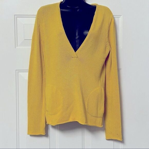 90s Y2K J Crew Sweater V Neck Canary Yellow Cotton Pullover Pockets Relaxed S - Picture 1 of 8